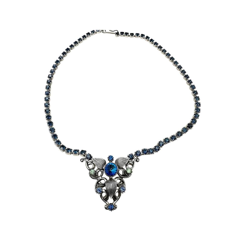 Vintage Blue Rivoli Stone with Mint Green Glass Pendant on Blue Rhinestone Chain